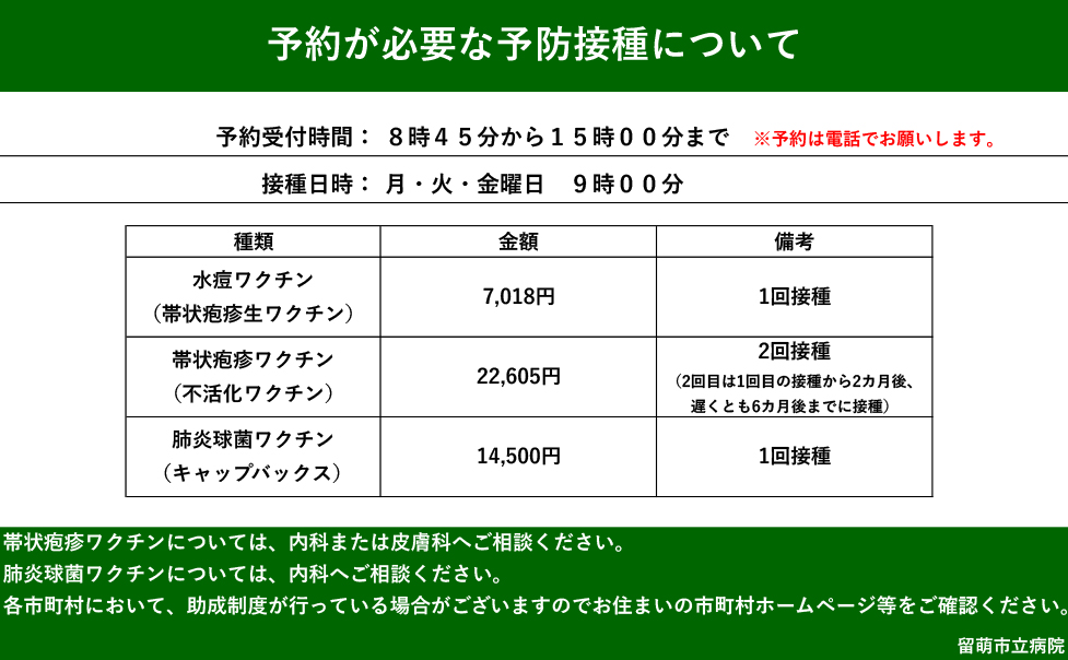 予約が必要な予防接種について